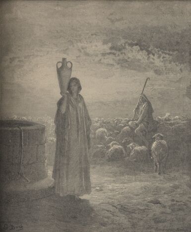 Illustration Showing JACOB TENDING THE FLOCKS OF LABAN, from The Bible (Old Testament) - drawing by Gustave Dore - 015th.jpg (28K)