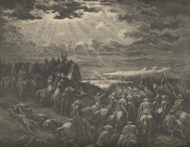 Illustration Showing THE WAR AGAINST GIBEON, from The Bible (Old Testament) - drawing by Gustave Dore - 020th.jpg (77K)
