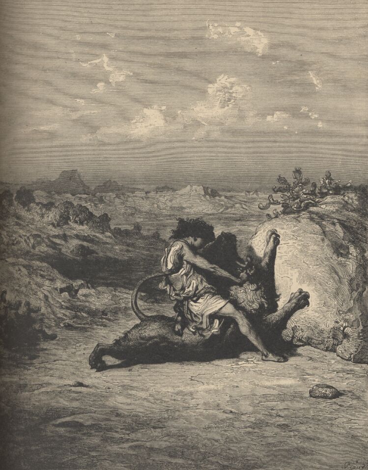 Dore Bible Illustrations: Samson Slaying the Lion, Image 49 of 413  -  154 kB