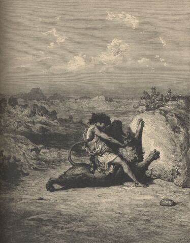Illustration Showing SAMSON SLAYING THE LION, from The Bible (Old Testament) - drawing by Gustave Dore - 025th.jpg (34K)
