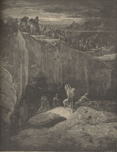 Illustration Showing DAVID SPARING SAUL, from The Bible (Old Testament) - drawing by Gustave Dore - 032th.jpg (34K)