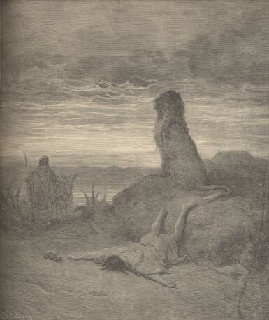 Illustration Showing THE PROPHET SLAIN BY A LION, from The Bible (Old Testament) - drawing by Gustave Dore - 039th.jpg (29K)