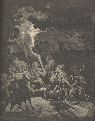 Illustration Showing ELIJAH DESTROYING THE MESSENGERS OF AHAZIAH, from The Bible (Old Testament) - drawing by Gustave Dore - 040th.jpg (36K)