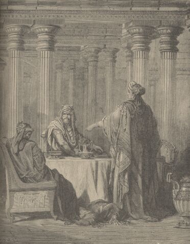 Illustration Showing ESTHER CONFOUNDING HAMAN, from The Bible (Old Testament) - drawing by Gustave Dore - 043th.jpg (35K)