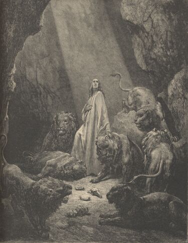 Illustration Showing DANIEL IN THE LIONS' DEN, from The Bible (Old Testament) - drawing by Gustave Dore - 052th.jpg (36K)