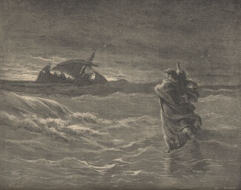 Illustration Showing JESUS WALKING ON THE WATER, from The Bible (New Testament) - drawing by Gustave Dore - 068th.jpg (31K)