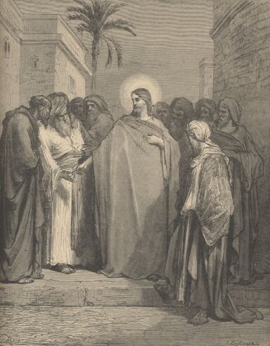 Illustration Showing JESUS AND THE TRIBUTE MONEY, from The Bible (New Testament) - drawing by Gustave Dore - 070th.jpg (39K)