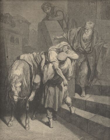 Illustration Showing ARRIVAL OF THE SAMARITAN AT THE INN, from The Bible (New Testament) - drawing by Gustave Dore - 074th.jpg (35K)