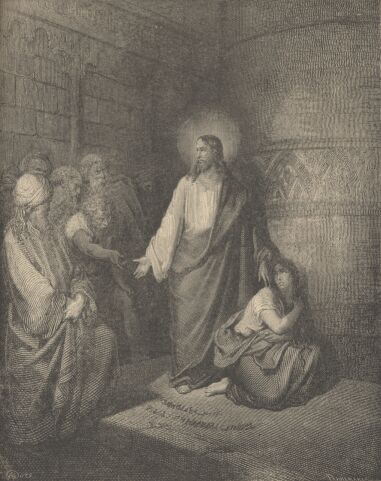 Illustration Showing JESUS AND THE WOMAN TAKEN IN ADULTERY, from The Bible (New Testament) - drawing by Gustave Dore - 079th.jpg (37K)