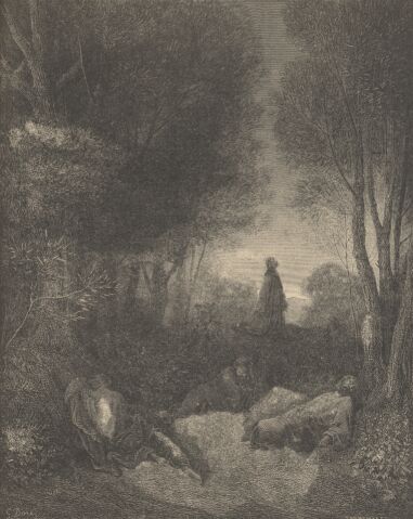 Illustration Showing PRAYER OF, JESUS IN THE GARDEN OF' OLIVES, from The Bible (New Testament) - drawing by Gustave Dore - 084th.jpg (34K)