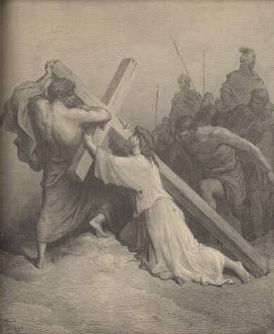Illustration Showing CHRIST FAINTING UNDER THE CROSS, from The Bible (New Testament) - drawing by Gustave Dore - 086th.jpg (30K)