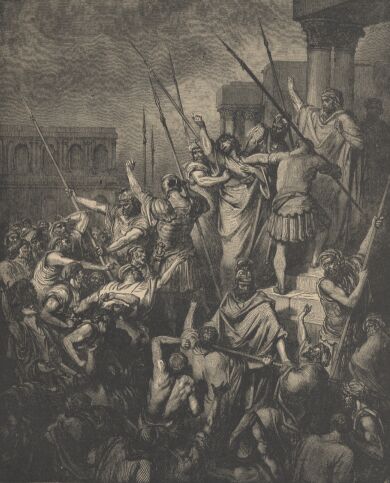 Illustration Showing PAUL MENACED BY THE JEWS, from The Bible (New Testament)  - drawing by Gustave Dore - 098th.jpg (40K)