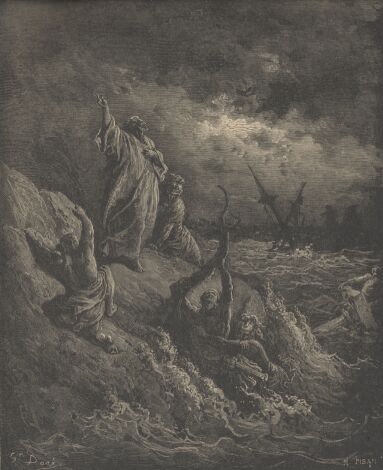 Illustration Showing PAUL'S SHIPWRECK, from The Bible (New Testament)  - drawing by Gustave Dore - 099th.jpg (31K)