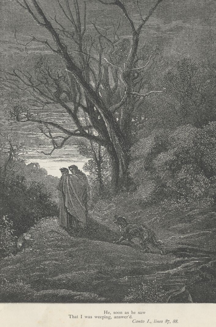 Image of Dante and Virgil in Inferno, crossing the cocytus, 1885 by Dore,  Gustave (1832-83)