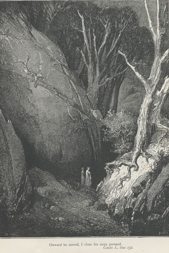 Image of Dante and Virgil in Inferno, crossing the cocytus, 1885 by Dore,  Gustave (1832-83)